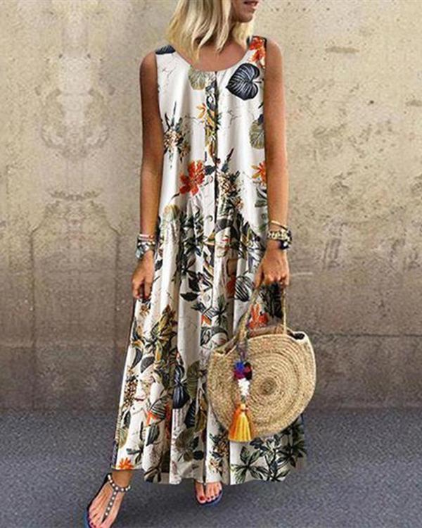 Floral Round Neckline Sleeveless Maxi A-line Dress