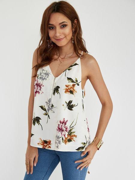 White Random Floral Print V-neck Cami Tops with Zip Design