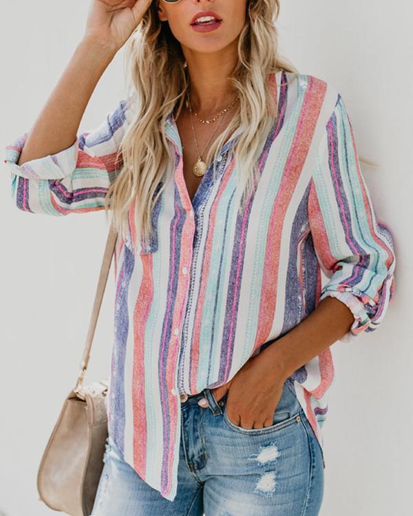 Women Casual Rainbow Striped Button Loose Blouse Tops