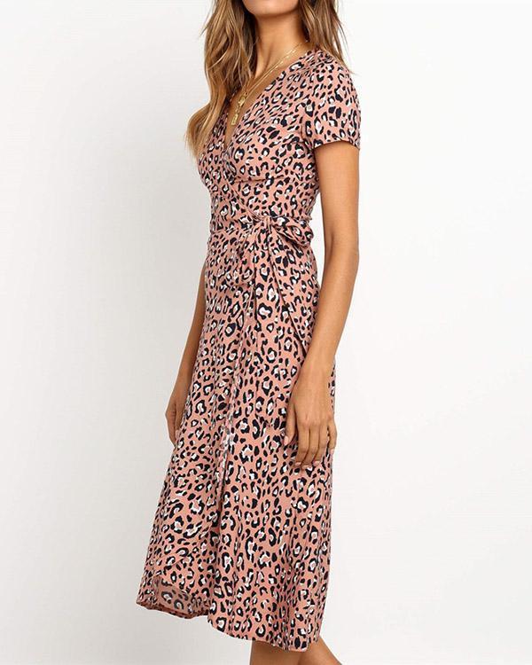 Chiffon Leopard Printed V-neck High Waist Lace-up Dress