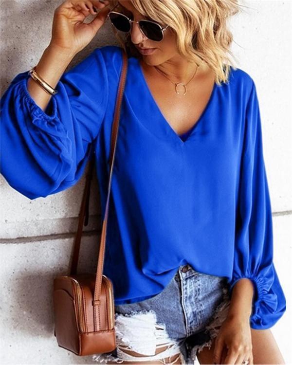 Chiffon  Sexyt Solid V Neck Women Tops Holiday Fall Daily Casual Blouse