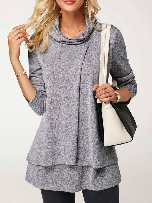 Casual Long Sleeve Cowl Neck Folds T-Shirts