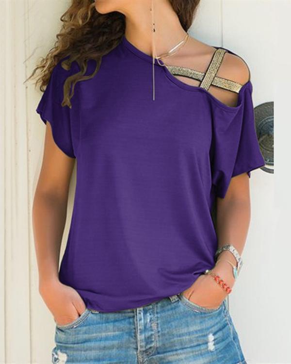 Women Cross-Shoulder Irregular Short-Sleeved Plus Size T-shirt Tops