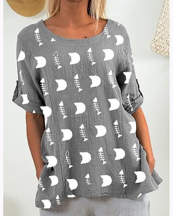 Daily Fish Bone Printed Short Sleeve Blouses Tops