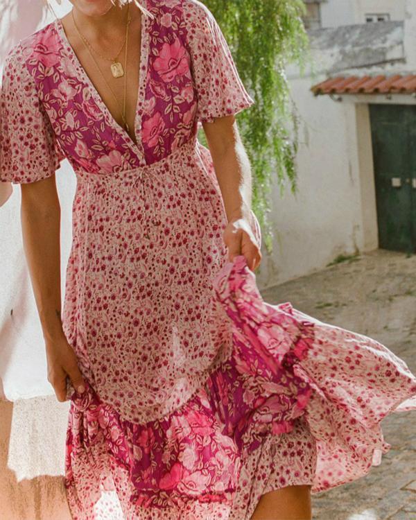 Floral Printed Short Sleeve V-neck Summer Maxi Dress