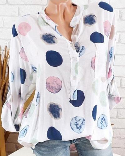 Women Casual Polka Dot With Pockets Plus Size Blouses Tops
