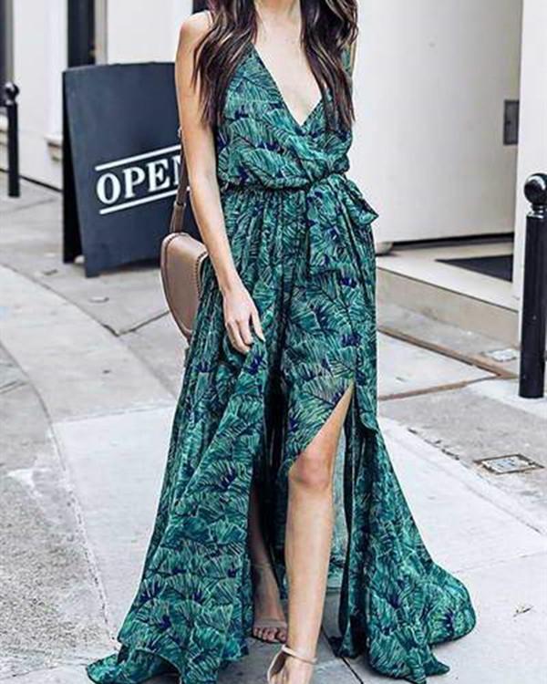 Women Summer  Green & Blue Leaf Maxi Dress