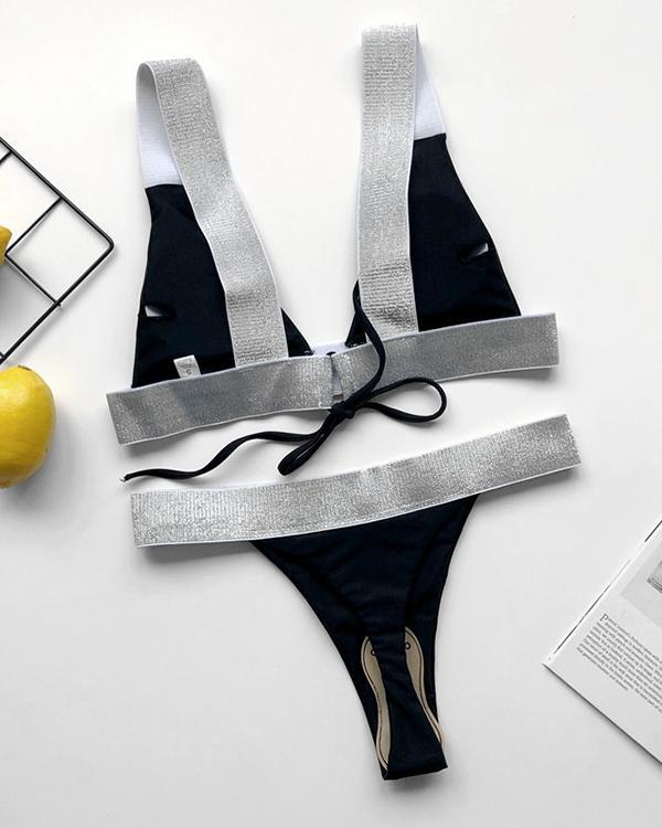 US 26.88 Glitter Tape Triangle Thong Bikini Swimsuit