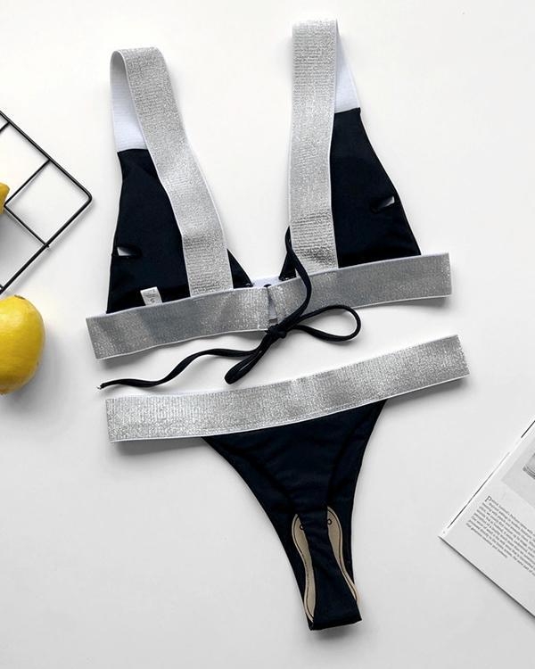 Glitter Tape Triangle Thong Bikini Swimsuit