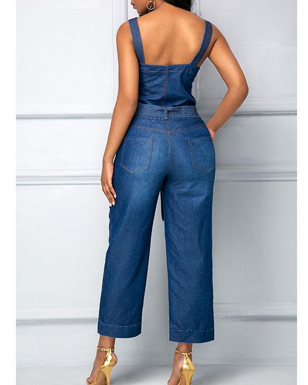 High Waist Open Back Pocket Denim Jumpsuit