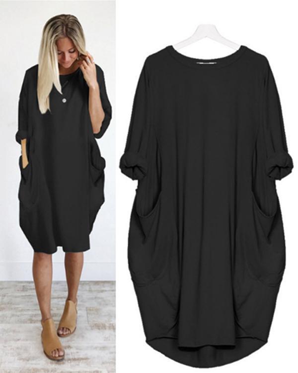 Womens  Plus Size Crew Neck Loose Long Sleeve Solid  Dress Tops