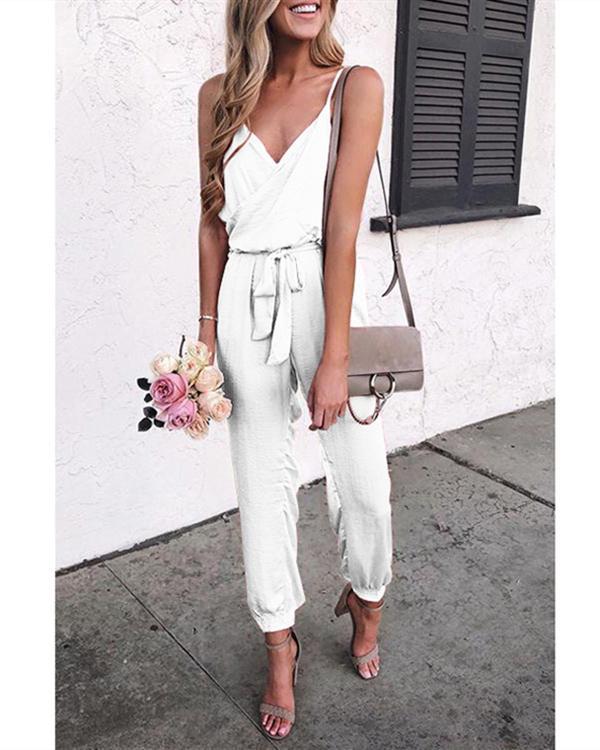 Summer Fashion Solid Sleeveless Belt Jumpsuit