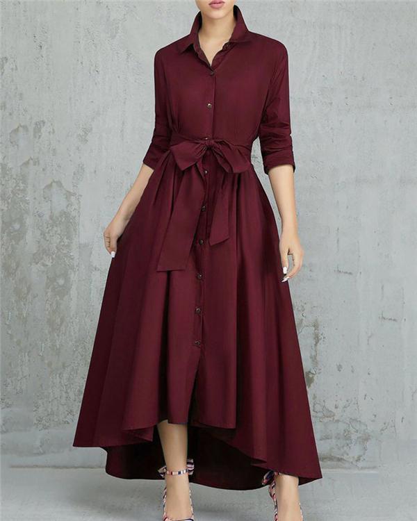 Solid Color Pleated Asymmetrical Tie Waist Maxi Dresses