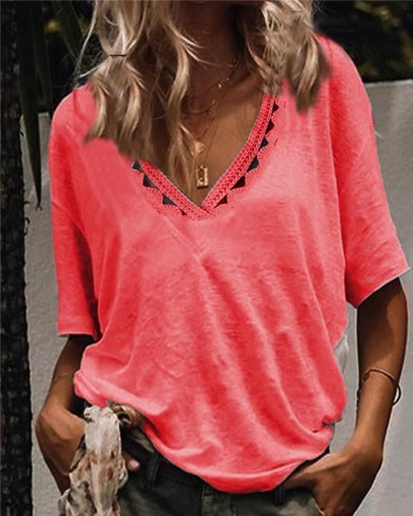 Plus Size Women Solid V Neck  Chic Summer Vacation Holiday Tops