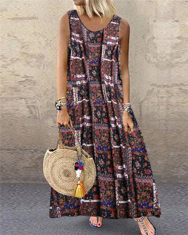 Bohemian Print Sleeveless Summer Plus Size Maxi Dress