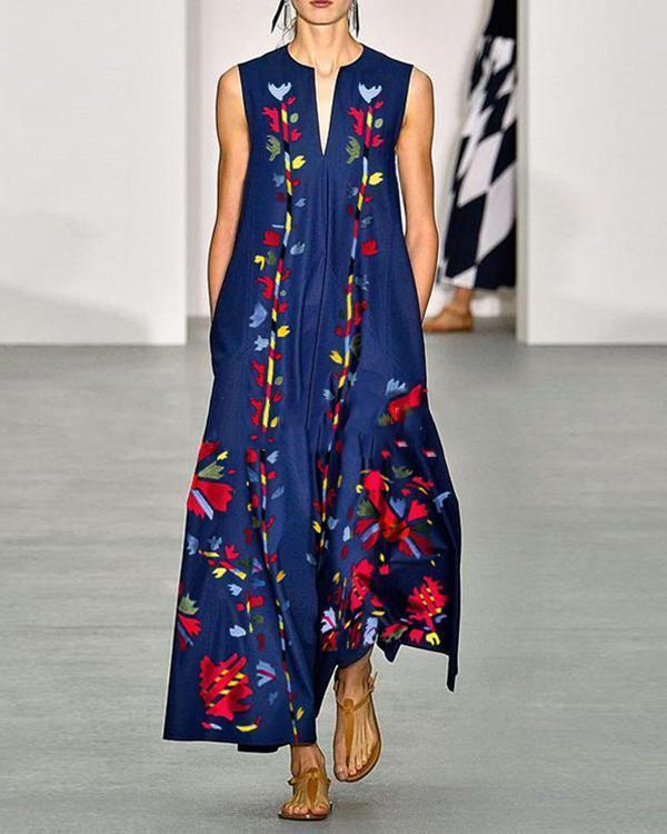 Fashion Floral Printed V-Neck Sleeveless Maxi Dress