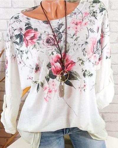 Round Neck Loose Fitting Floral Long Sleeve T-Shirts