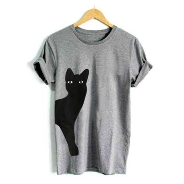 Women Casual Cat Printed Short Sleeve Crew Neck Plus Size Shirt Tops