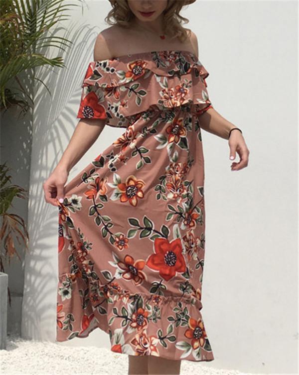 Chiffon Off Shoulder Floral Printed Midi Dress