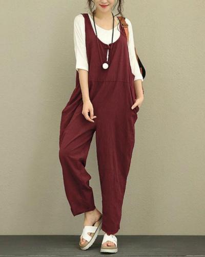 Vintage Pure Color Frog Button Loose Women Sleeveless Jumpsuits