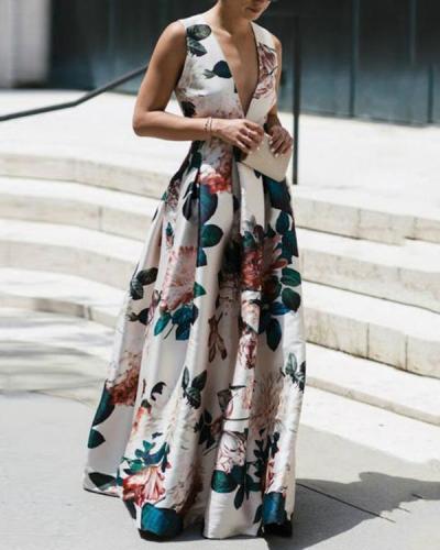 Stylish Floral Print Deep V Sleeveless Maxi Dress