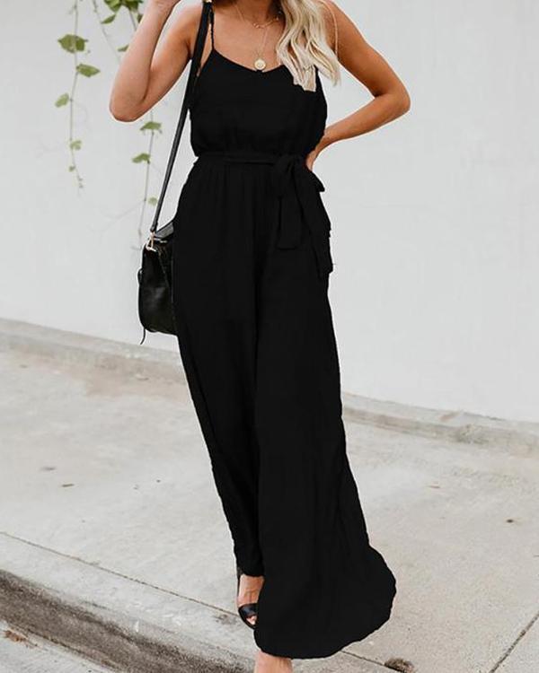 Sleeveless Solid Classic Waist-Tie Jumpsuit