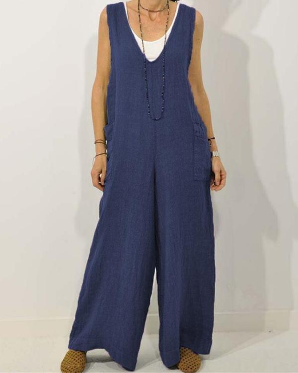 Women Casual Cotton V Neck Sleeveless Solid Jumpsuit