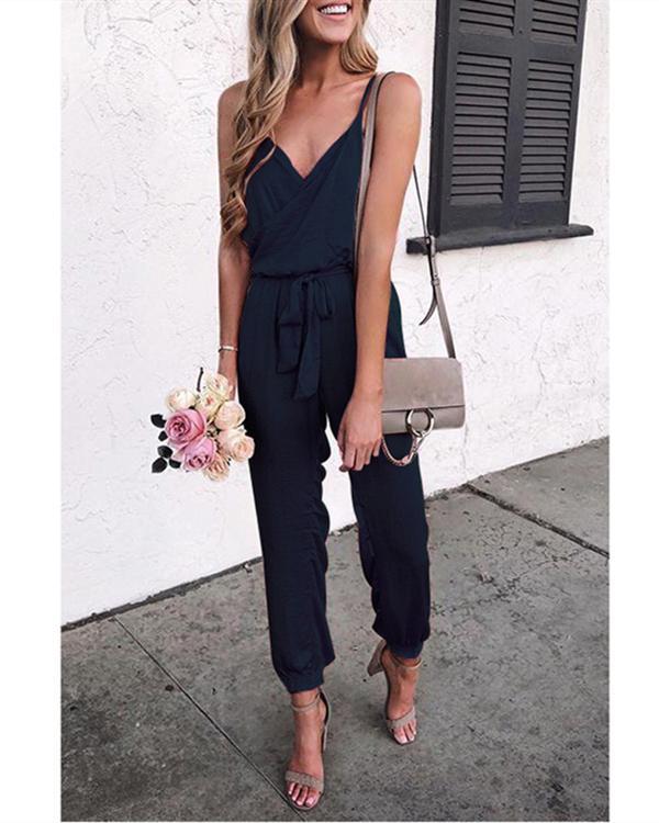 Summer Fashion Solid Sleeveless Belt Jumpsuit