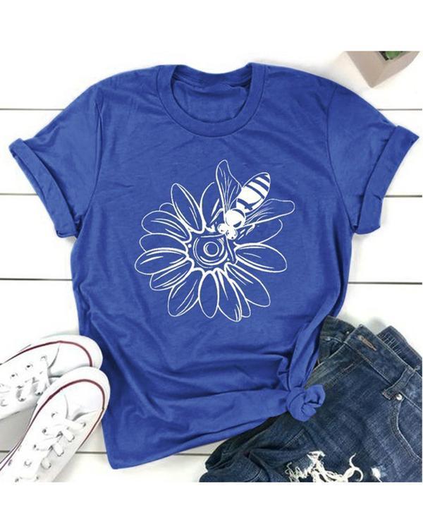 Sunflower Bee Printed Pattern Casual T-shirt