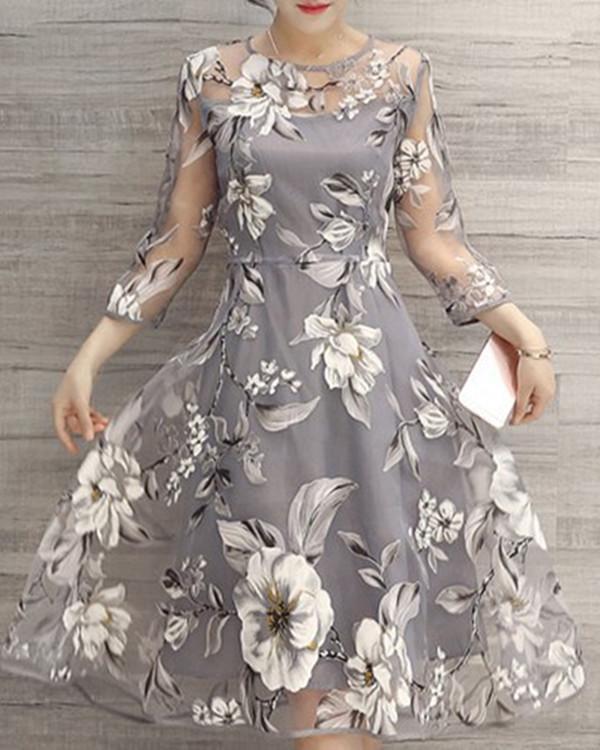 Gray A-line Women 3/4 Sleeve Party Printed Floral Elegant Midi Dress