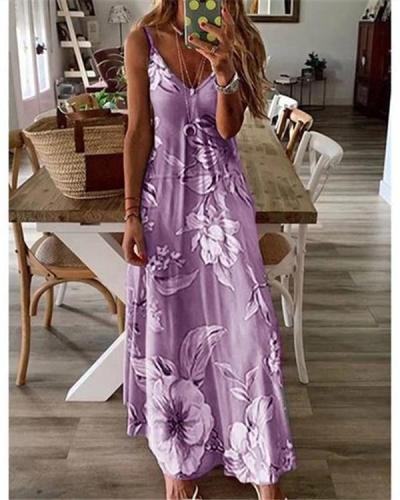 Women Sling Printed Casual V Neck Sleeveless Maxi Dresses