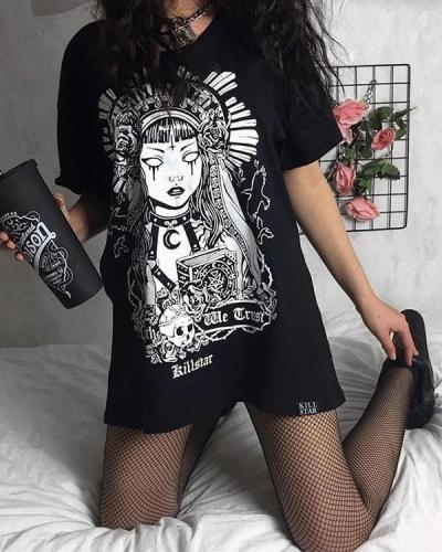 Vintage Skeleton Witch Printed Chic Long T-Shirt