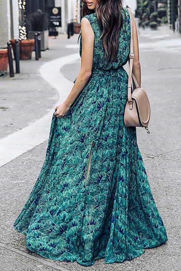 Women Summer  Green & Blue Leaf Maxi Dress