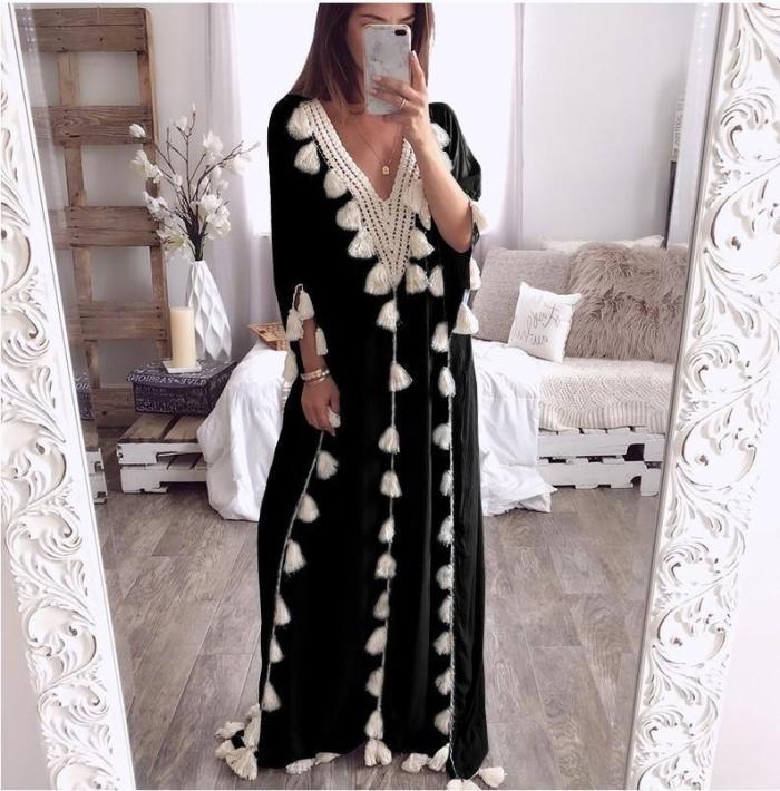 V Neck Tassels Bohemian Half Sleeve Maxi Dresses