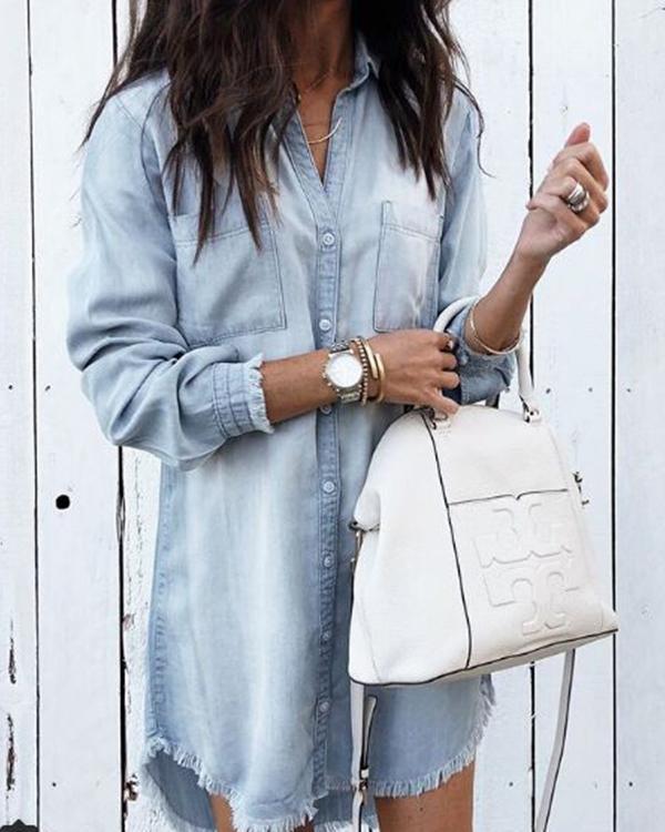 Women Casual Denim Shirt Dress Long Sleeve Loose Shirt Dress