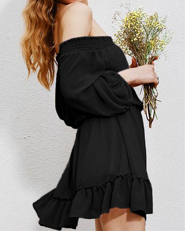 Women Casual Off Shoulder V Neck Tie Lantern Sleeves Chiffon Dress