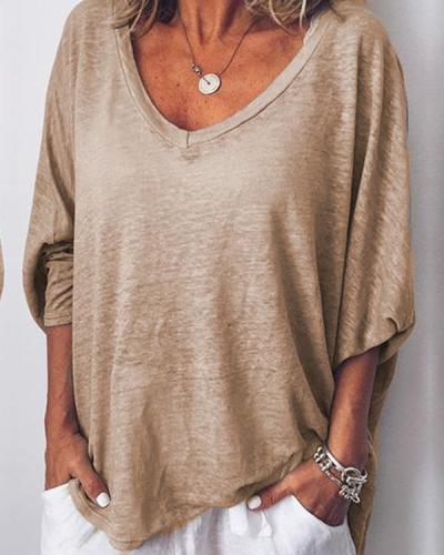 Casual Solid V Neck Long Batwing Sleeve Blouses Tops