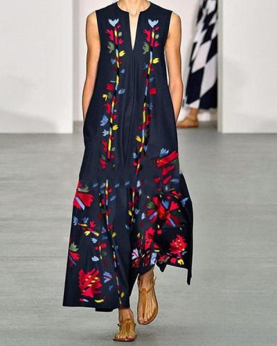 Fashion Floral Printed V-Neck Sleeveless Maxi Dress