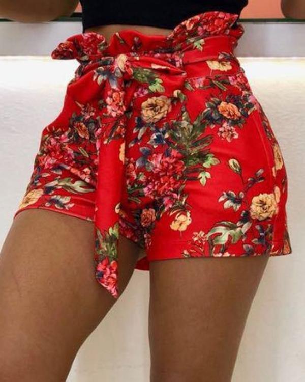 Women Summer Pocket Strap Printed Wide Leg Shorts Pants