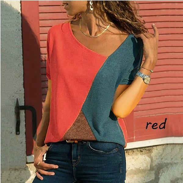 Women Casual Short Sleeve Patchwork V Neck T-Shirts Tops