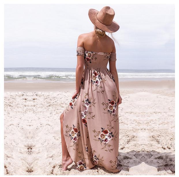 Women's Off Shoulder Floral Print Slit Dress