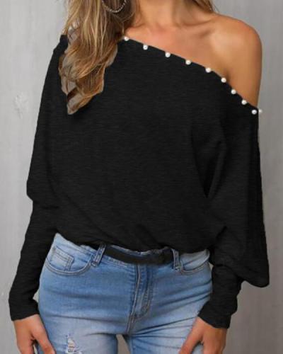 Plain Loose One-Collar Off-The-Shoulder Bat Sleeve Top Blouse