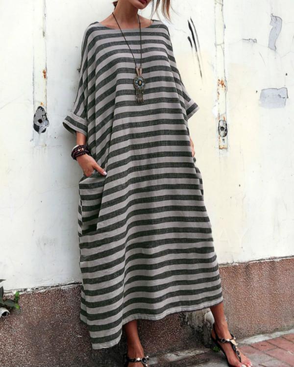 Women Casual Striped Linen Crew Neck Plus Size Dress
