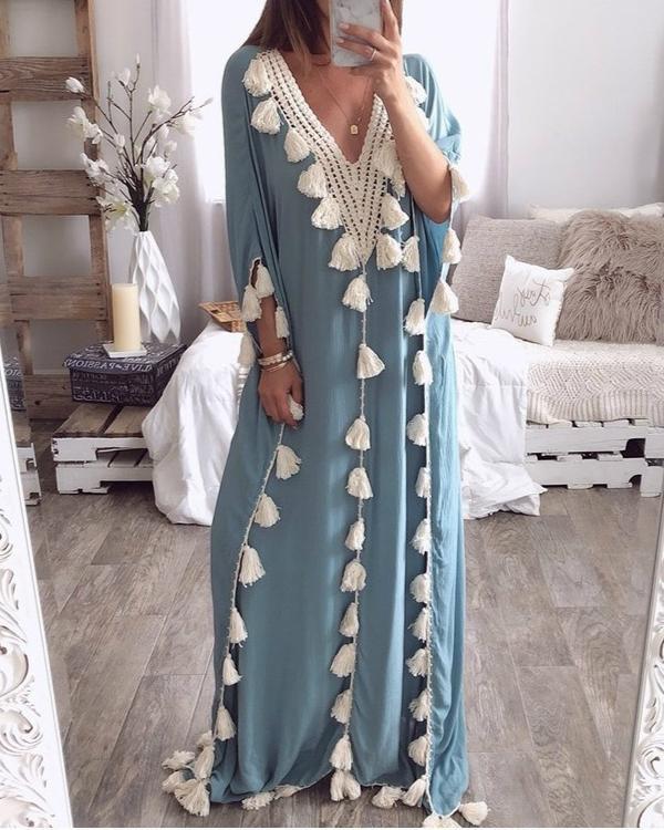 V Neck Tassels Bohemian Half Sleeve Maxi Dresses