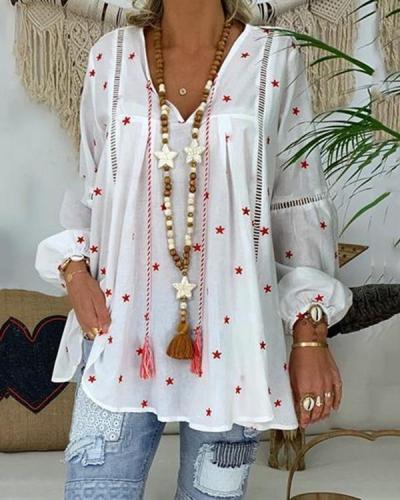 Plus Size Loose V Neck Lantern Sleeve Blouse