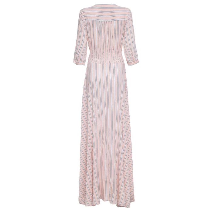 Pretty Striped V-Neck 3/4 Sleeves Bohemia Maxi Dress
