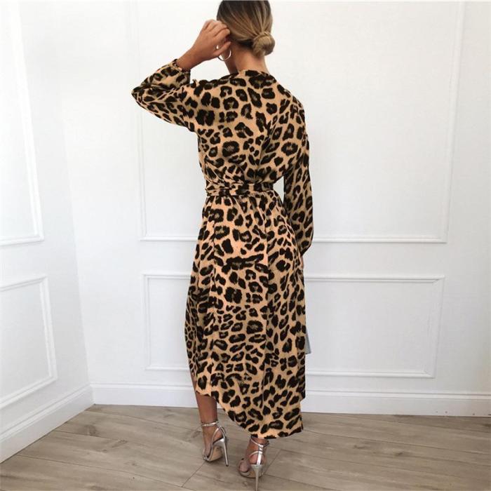 Women Vintage Leopard Print  Long Sleeve V Neck Bandage Dress