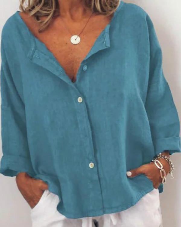 Casual Solid V Neck Long Sleeve Buttoned Blouses Tops
