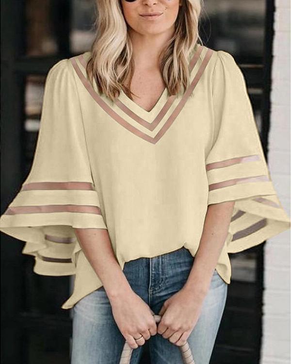 Casual V-neck Bell Sleeves Paneled Hollow Out Chiffon Blouse