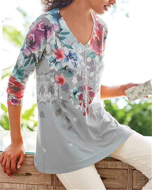 Women Flora Printed V Neck Holiday Fall Daily Casual Blouse